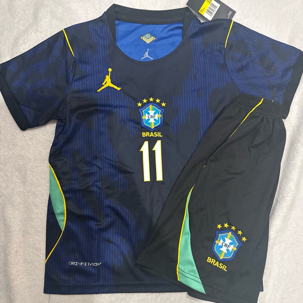 No Boundaries Navy Blue & Yellow Brazil Style Kids Soccer Jersey and Shorts